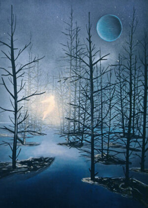 Holdfényes erdő, kék bolygóval.